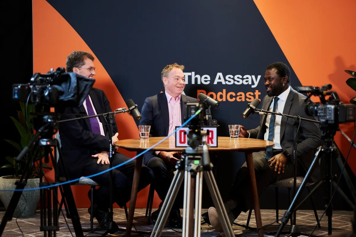 Mining industry experts recording The Assay Podcast
